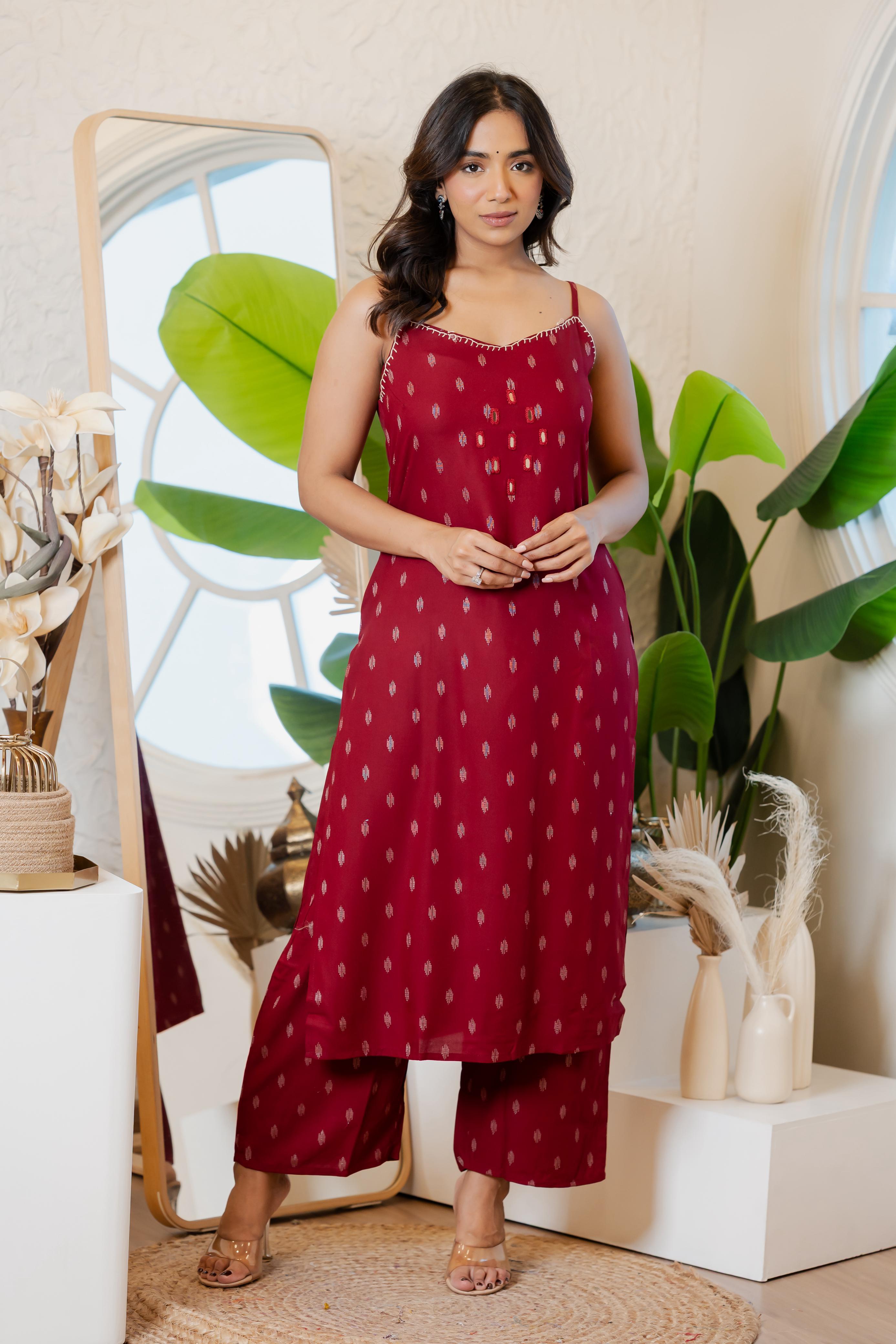 Mirror Work Cotton Kurti Set – Red / Green