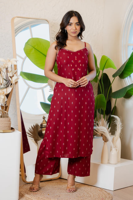 Mirror Work Cotton Kurti Set – Red / Green