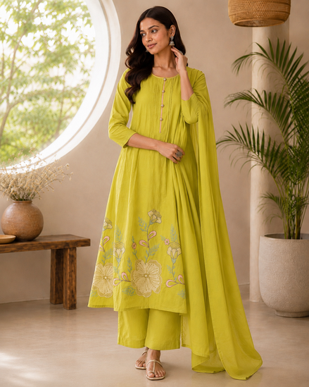 Parrot Green Mul Cotton Kurta Set