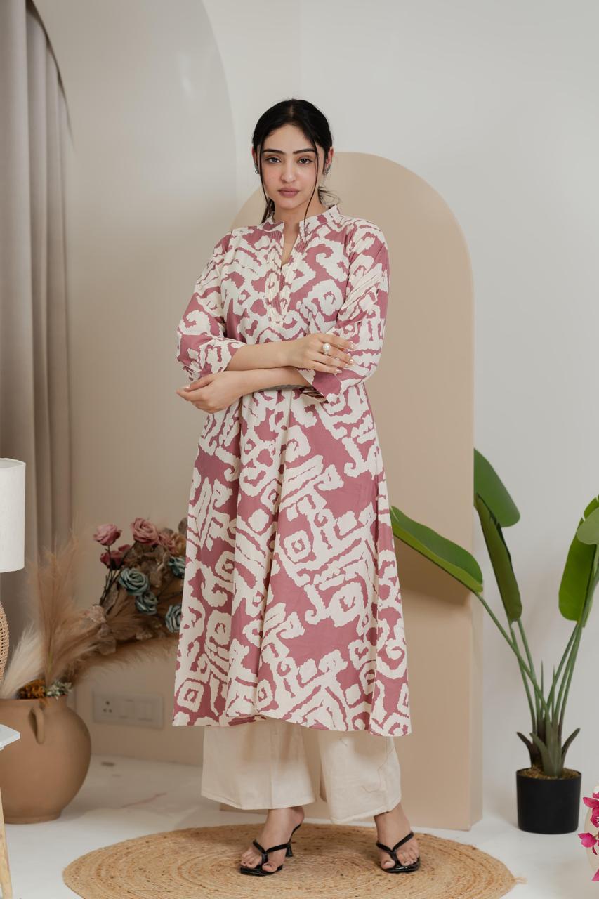 Soft Pink Abstract Print Cotton Kurta set