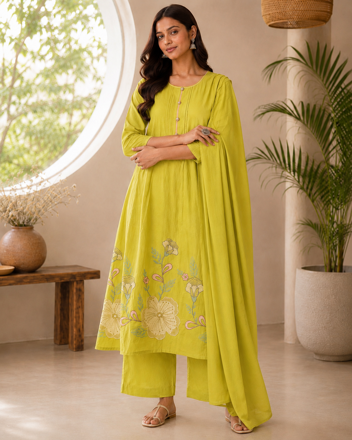 Parrot Green Mul Cotton Kurta Set