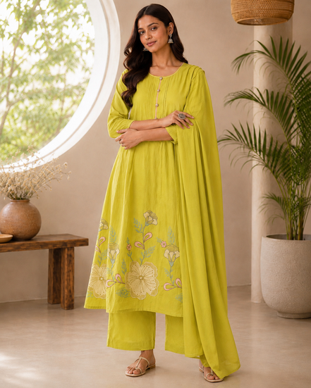 Parrot Green Mul Cotton Kurta Set