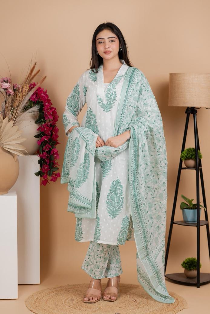 Mint Green Handblock-Style Printed Cotton Suit Set