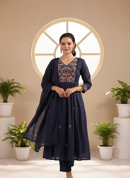 Navy Blue Mul Cotton Kurta Set