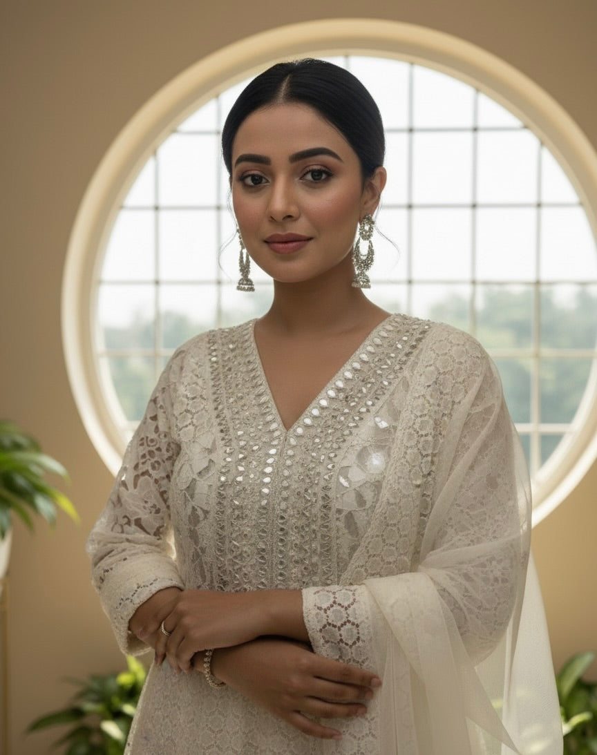 White Mirror Work Anarkali Set