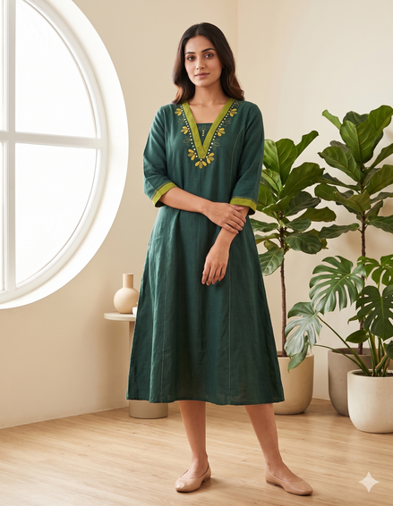 Green Embroidered Cotton Dress