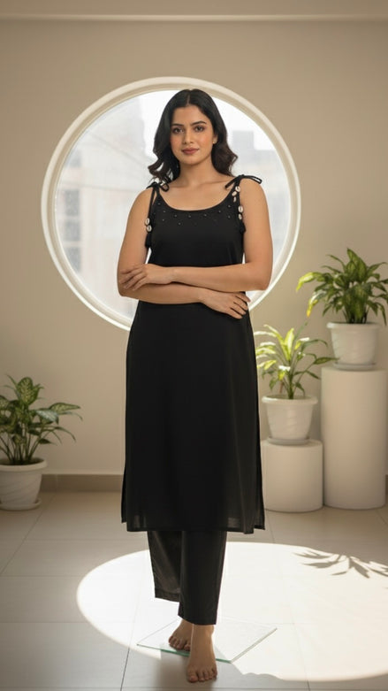 Black Sleeveless Mirror Work Kurta Set