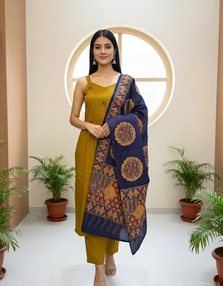 Mustard Cotton Kurta Set