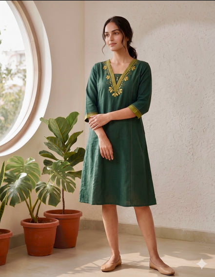 Green Embroidered Cotton Dress
