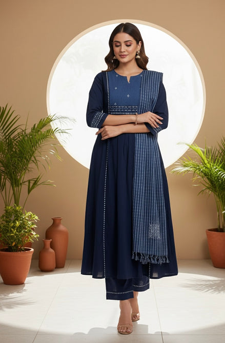 Navy Blue Cotton Kurta Set