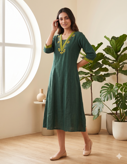Green Embroidered Cotton Dress