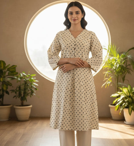 Ivory Polka Dot Cotton Kurta Set