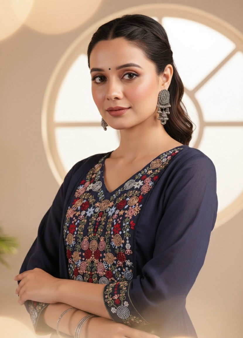 Navy Blue Mul Cotton Kurta Set