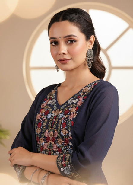 Navy Blue Mul Cotton Kurta Set