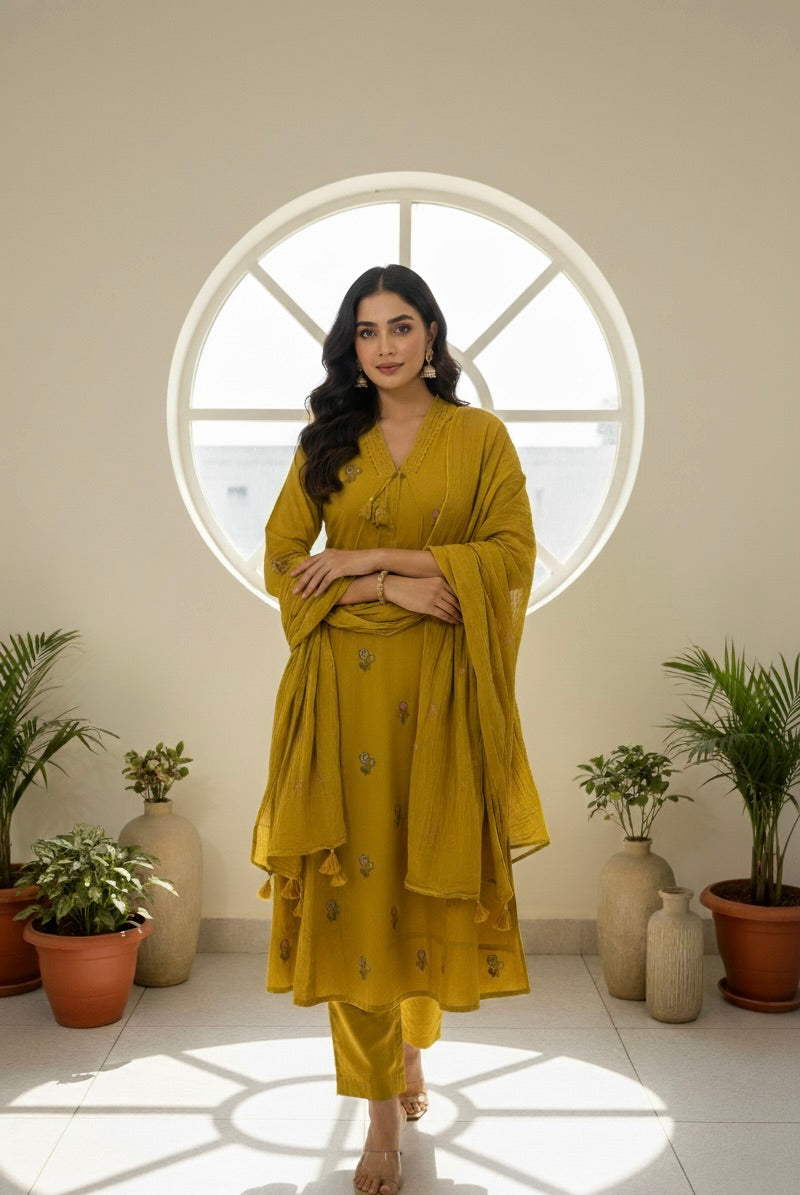 Yellow Whisper Mul Cotton Kurta Set