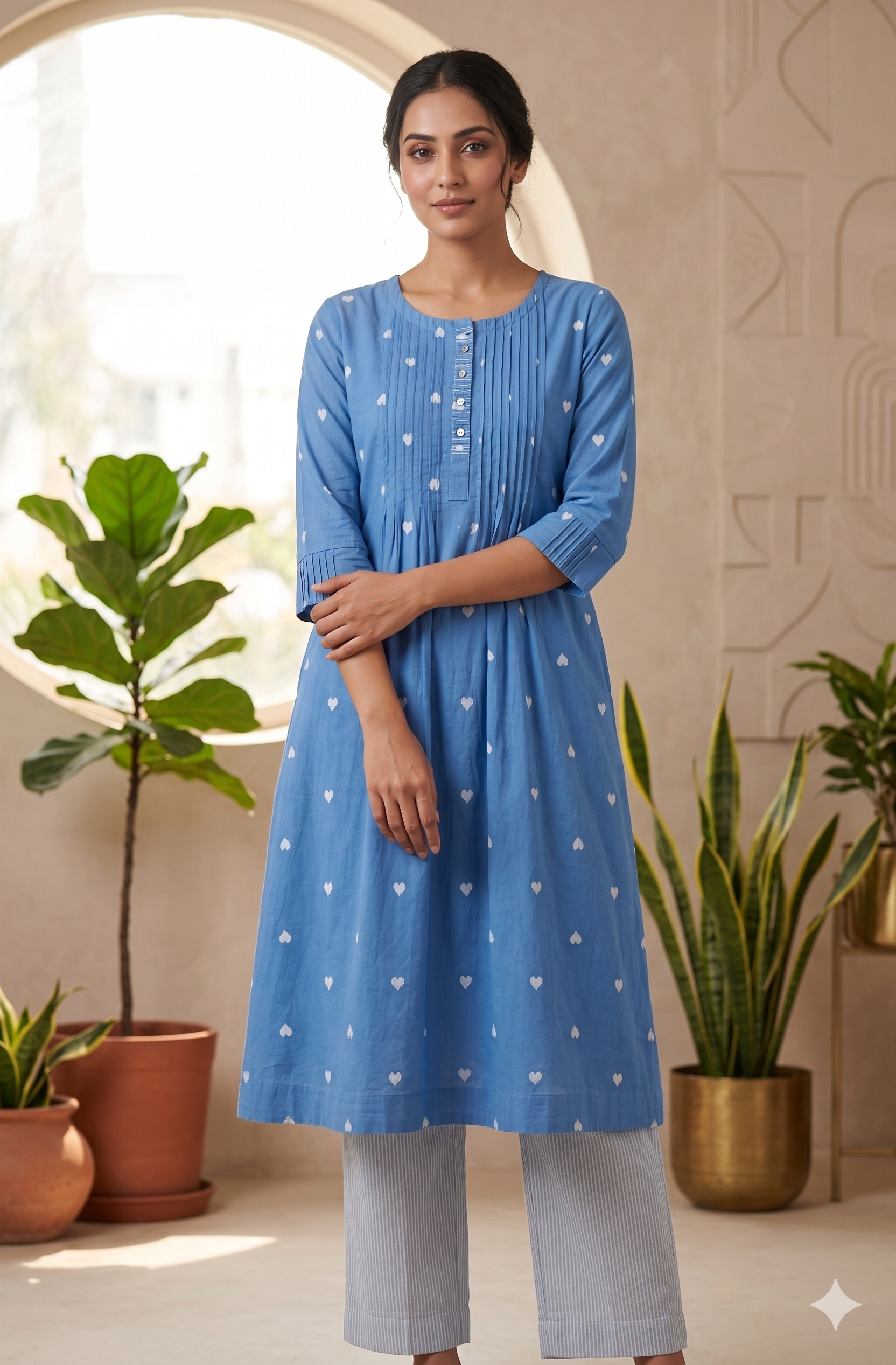 Blue Heart Print Cotton Kurti