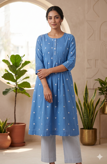 Blue Heart Print Cotton Kurti