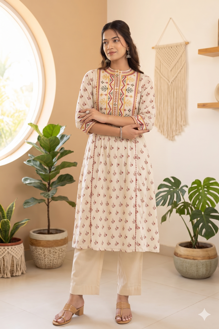 Ivory Printed Cotton Kurti
