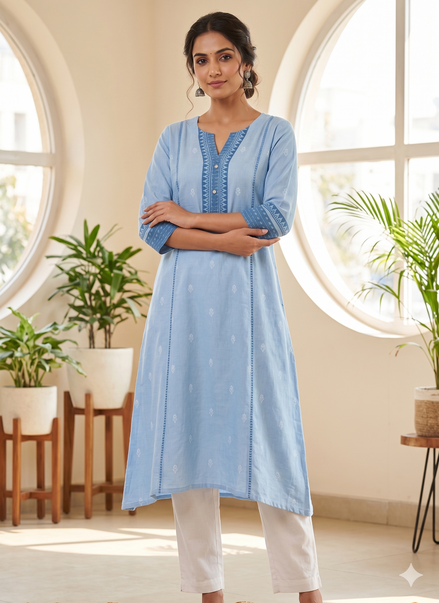 Sky Blue Cotton Kurti