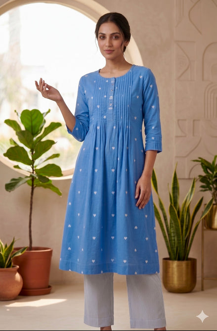 Blue Heart Print Cotton Kurti