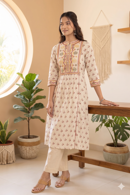 Ivory Printed Cotton Kurti
