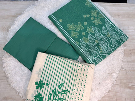 Green Pure Cotton Dress Material Set
