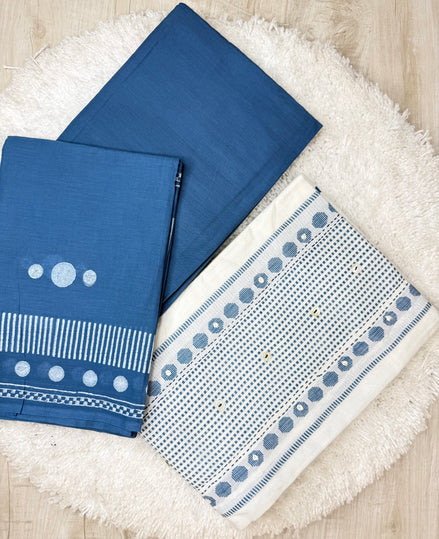 Blue & White Printed Pure Cotton Dress Material Set