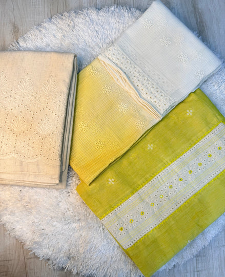 Green & White Cotton Embroidered Dress Material Set