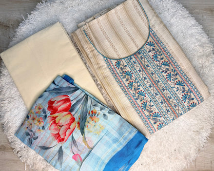 Beige Embroidered Cotton Dress Material