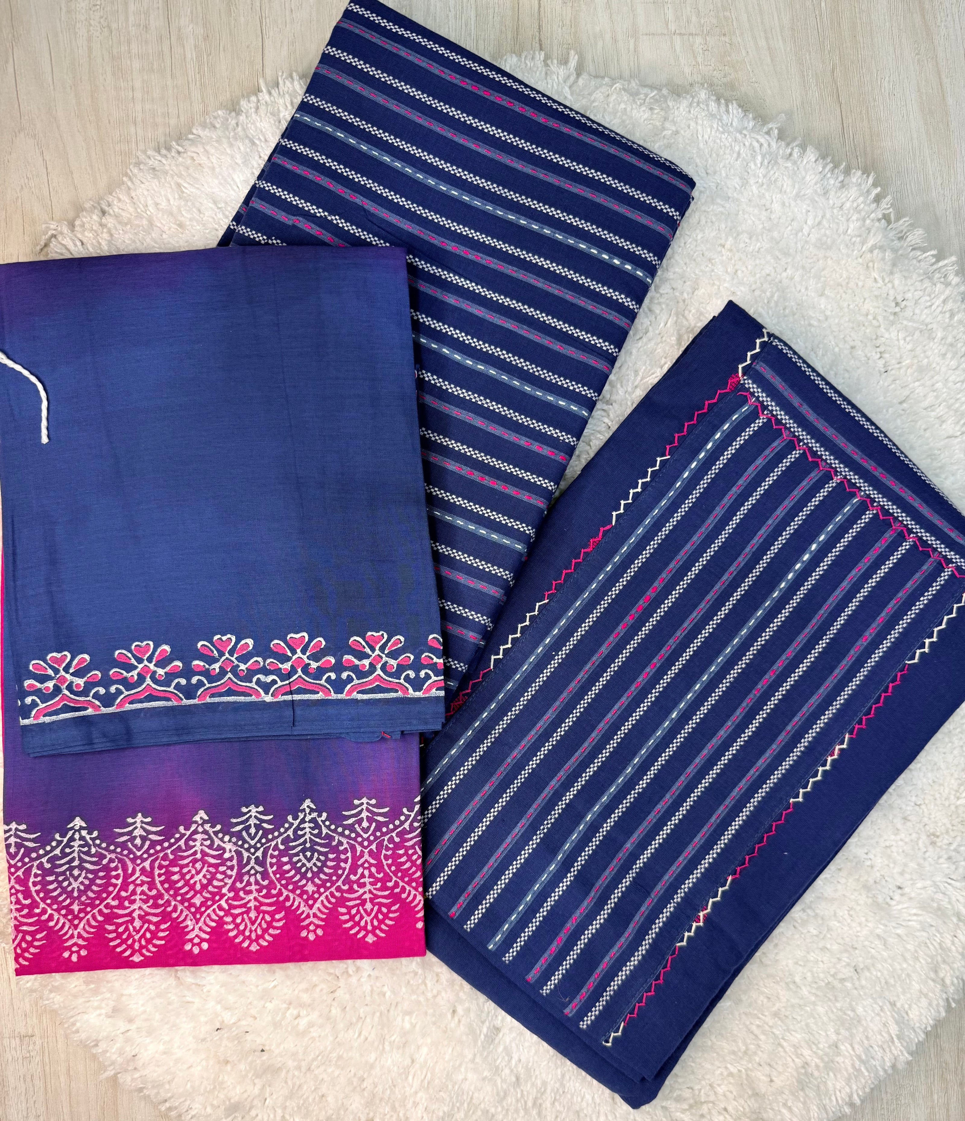 Navy Blue & Pink Cotton Dress Material Set