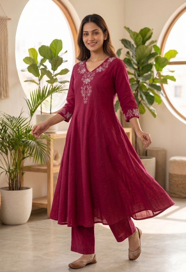 Dark Pink Cotton Kurta Set