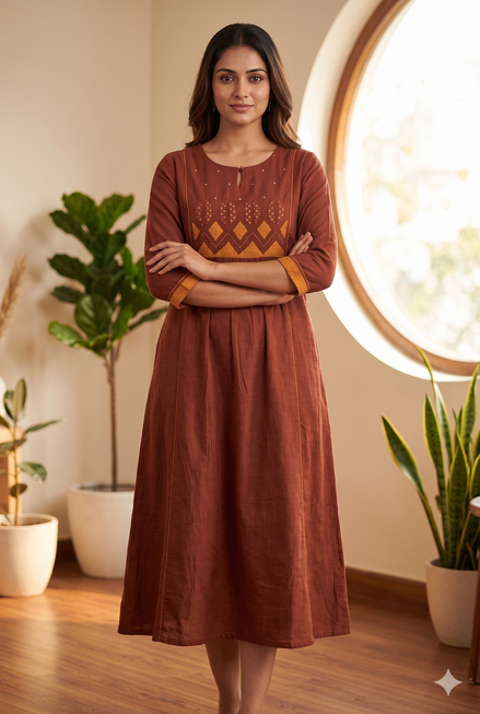 Rust Elegance Cotton Kurti