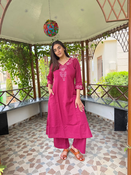 Dark Pink Cotton Kurta Set