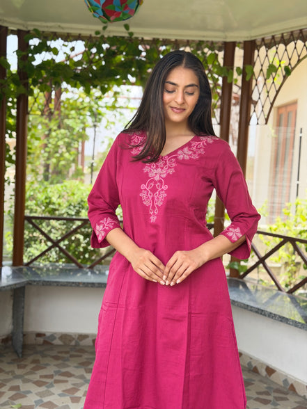 Dark Pink Cotton Kurta Set