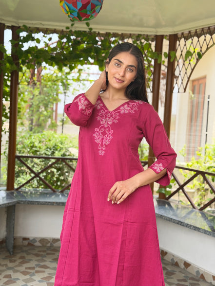Dark Pink Cotton Kurta Set