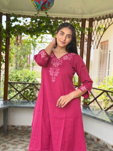 Dark Pink Cotton Kurta Set