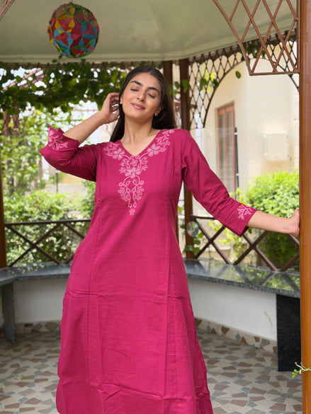 Dark Pink Cotton Kurta Set