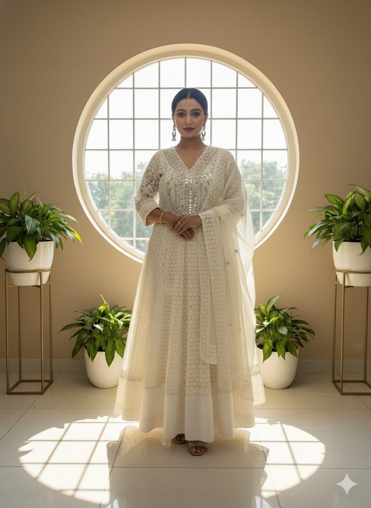 White Mirror Work Anarkali Set