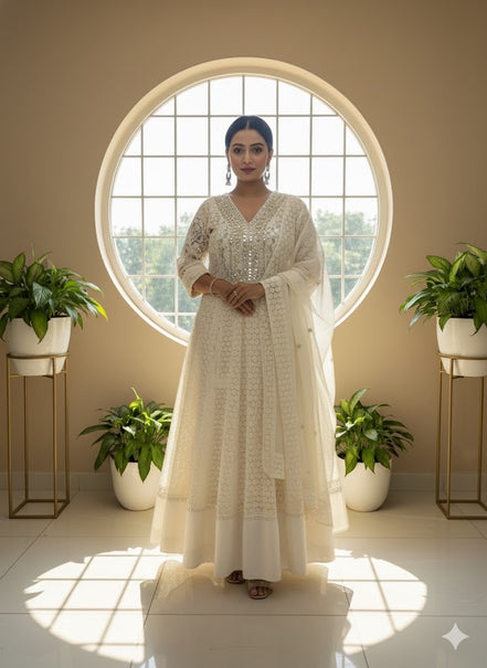 White Mirror Work Anarkali Set