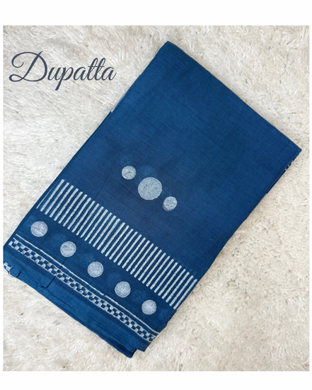 Blue & White Printed Pure Cotton Dress Material Set