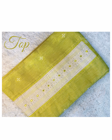 Green & White Cotton Embroidered Dress Material Set