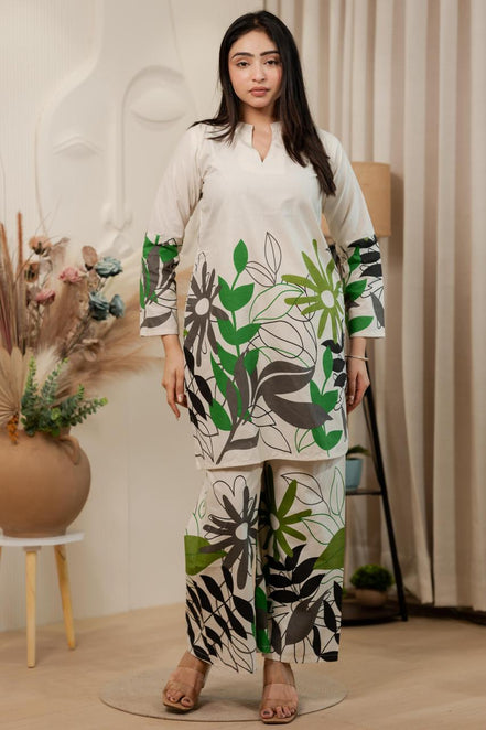 Beige–Multicolour Floral Cotton Co-ord Set