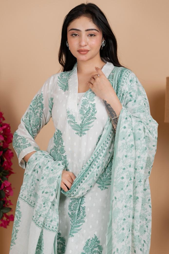 Mint Green Handblock-Style Printed Cotton Suit Set
