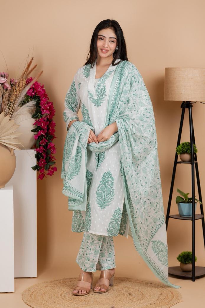 Mint Green Handblock-Style Printed Cotton Suit Set