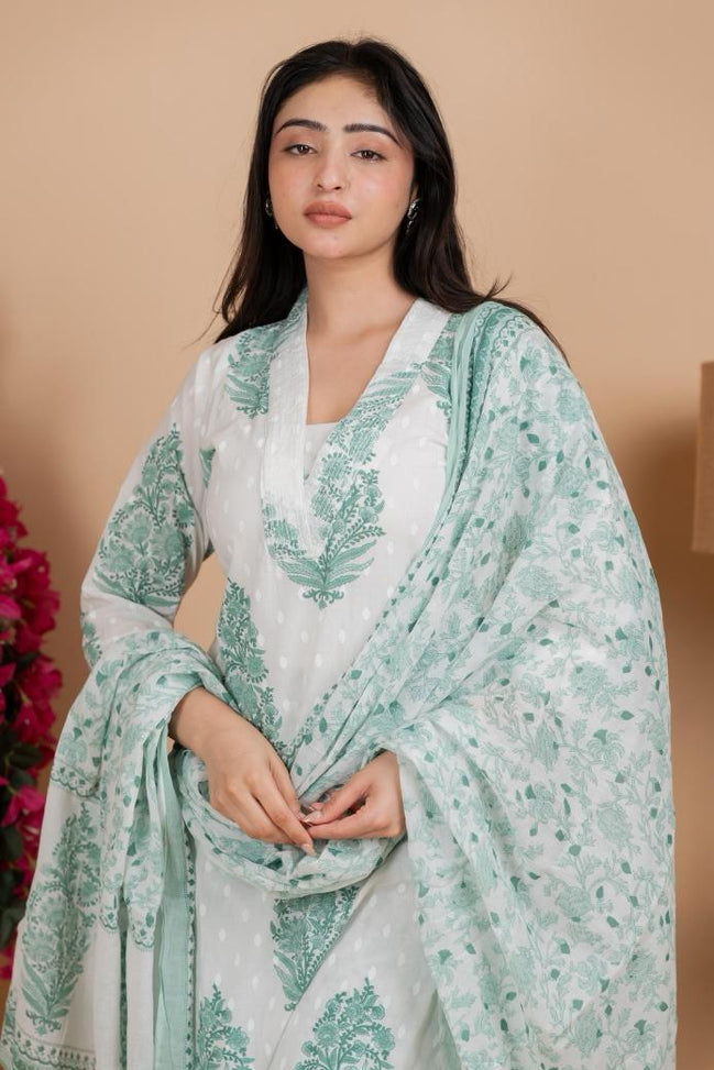 Mint Green Handblock-Style Printed Cotton Suit Set